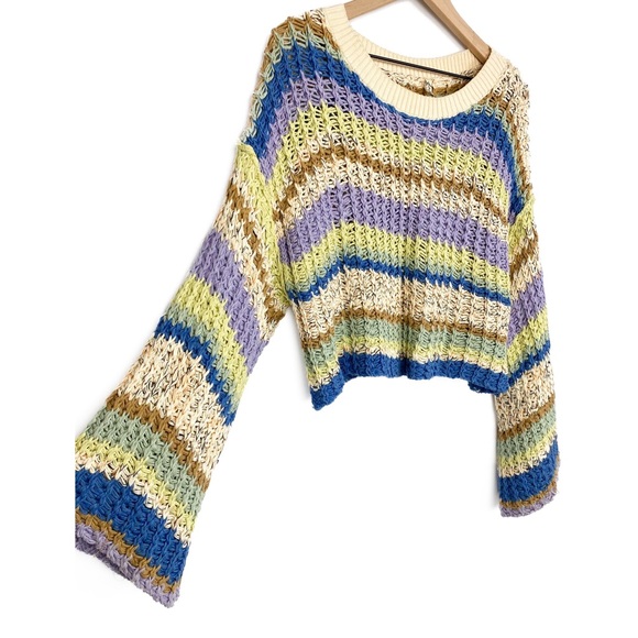 Free People Aloha Striped Crochet Chunky Knit Cropped Sweater, Rainbow - Size S - Picture 3 of 6